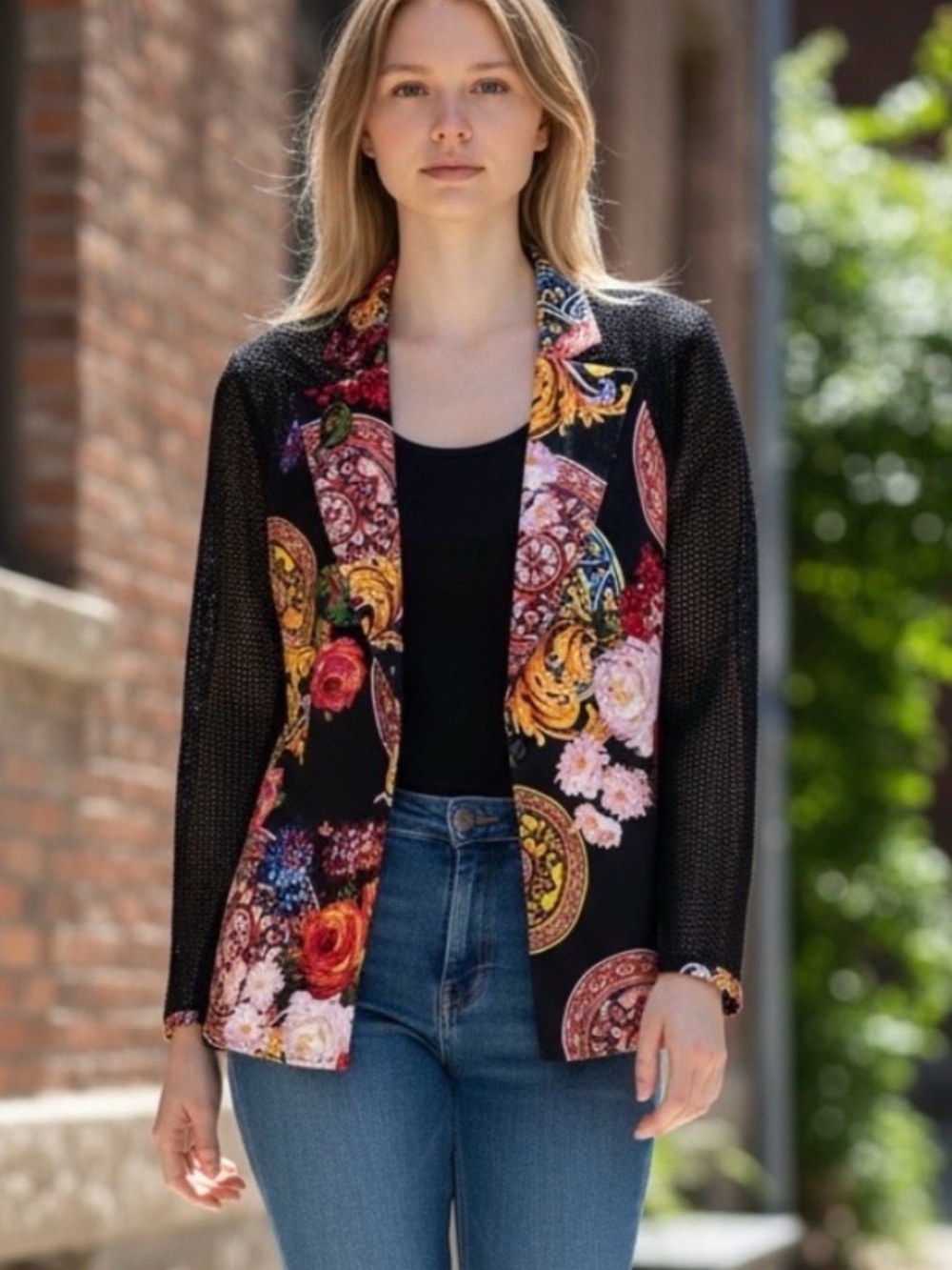 Adore Black Blazer with Multicolor Floral Trim